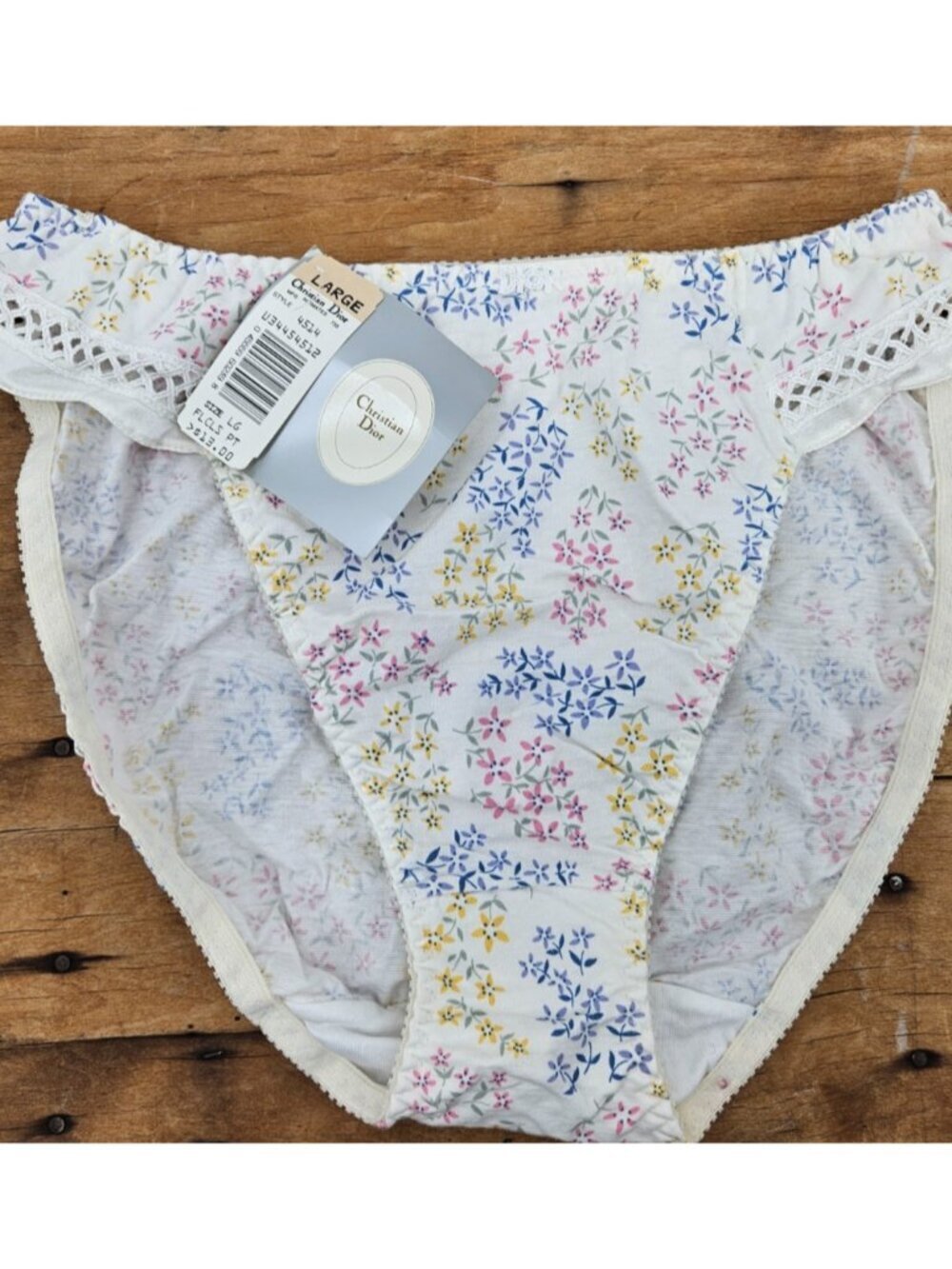 New VTG 90s Christian Dior Cotton Blend Panty Size L White Floral Briefs Hi Rise